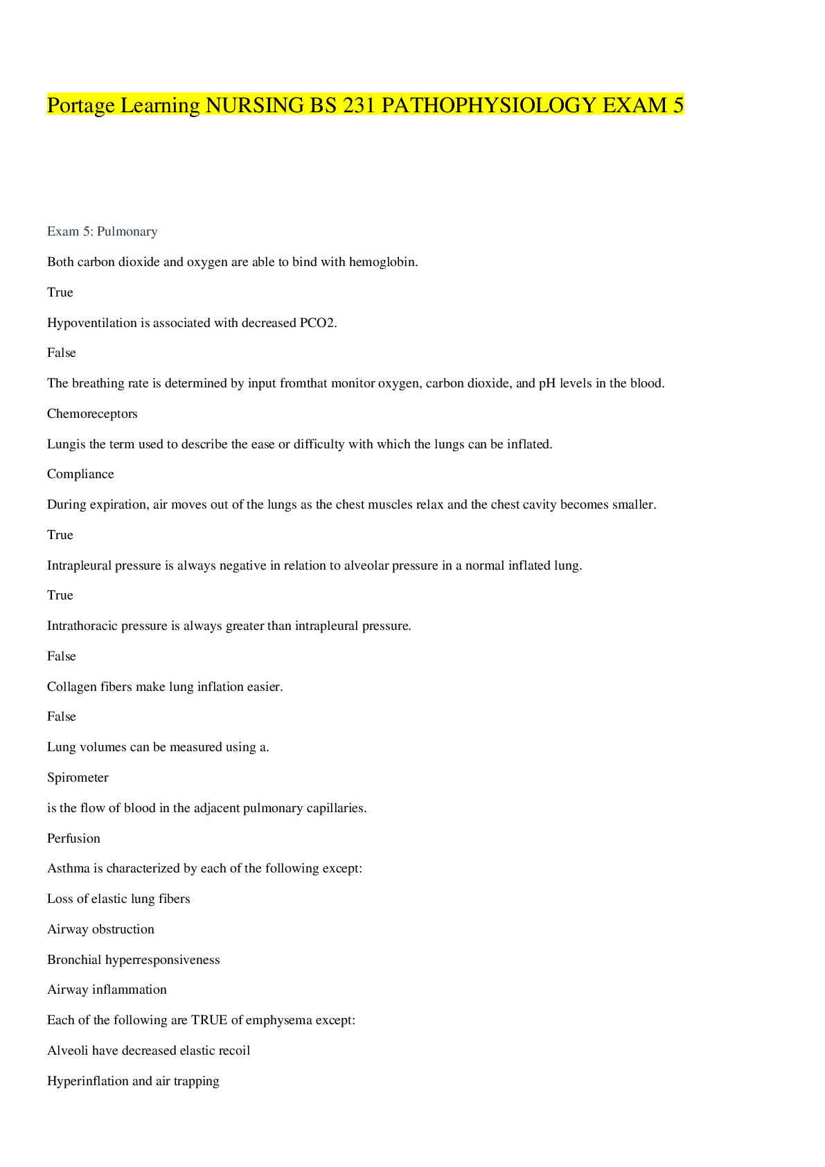 Preview image for Nursing BS 231 Pathophysiology Exam 1 - Portage Learning (100% Correct Answers)| Verified